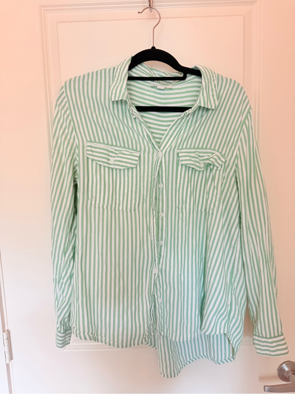 beachlunchlounge Mint Green and White Striped Button-Down Shirt